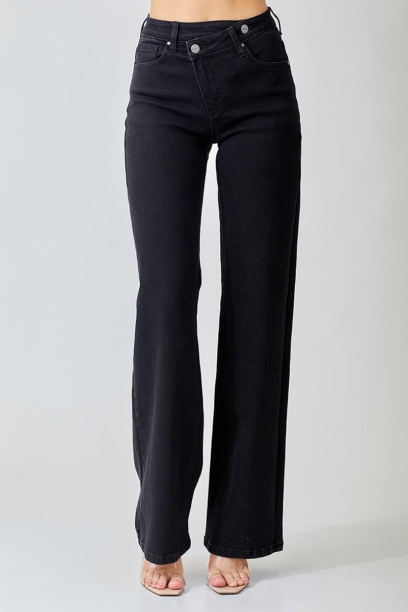 High Rise Crossover Wide Straight Black Jean