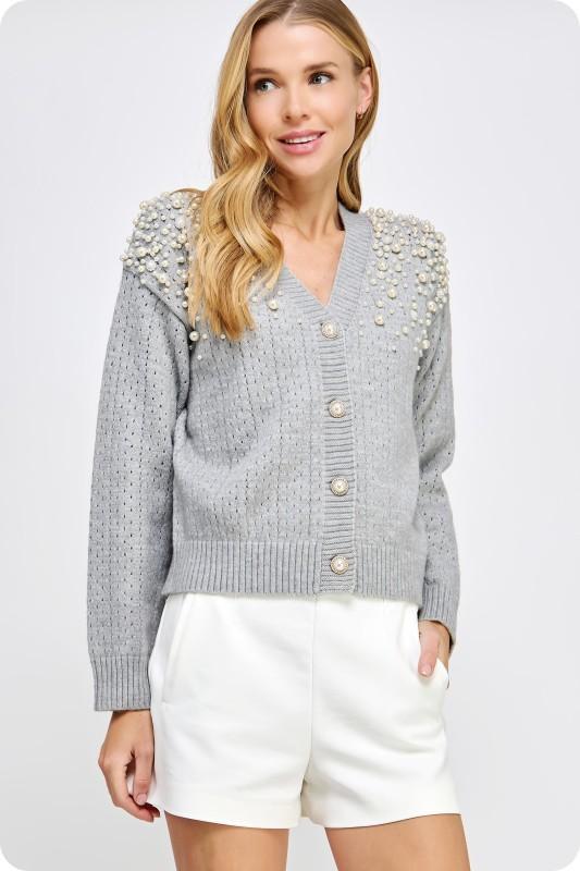 Pearl Studded Eyelet Knit Cardigan Sweater