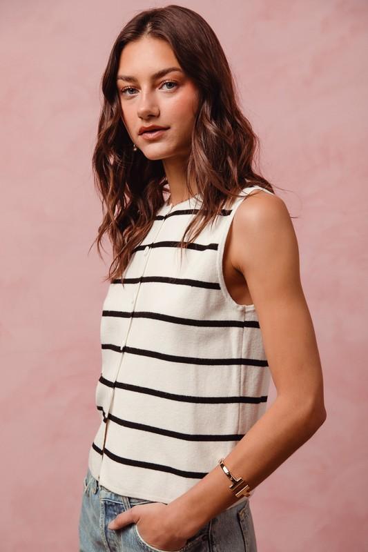 Button Front Stripe Fine Sweater Sleeveless Top