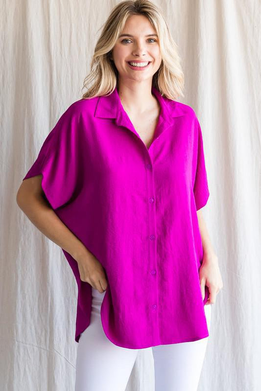 Solid Collared Button-Up Top - Magenta