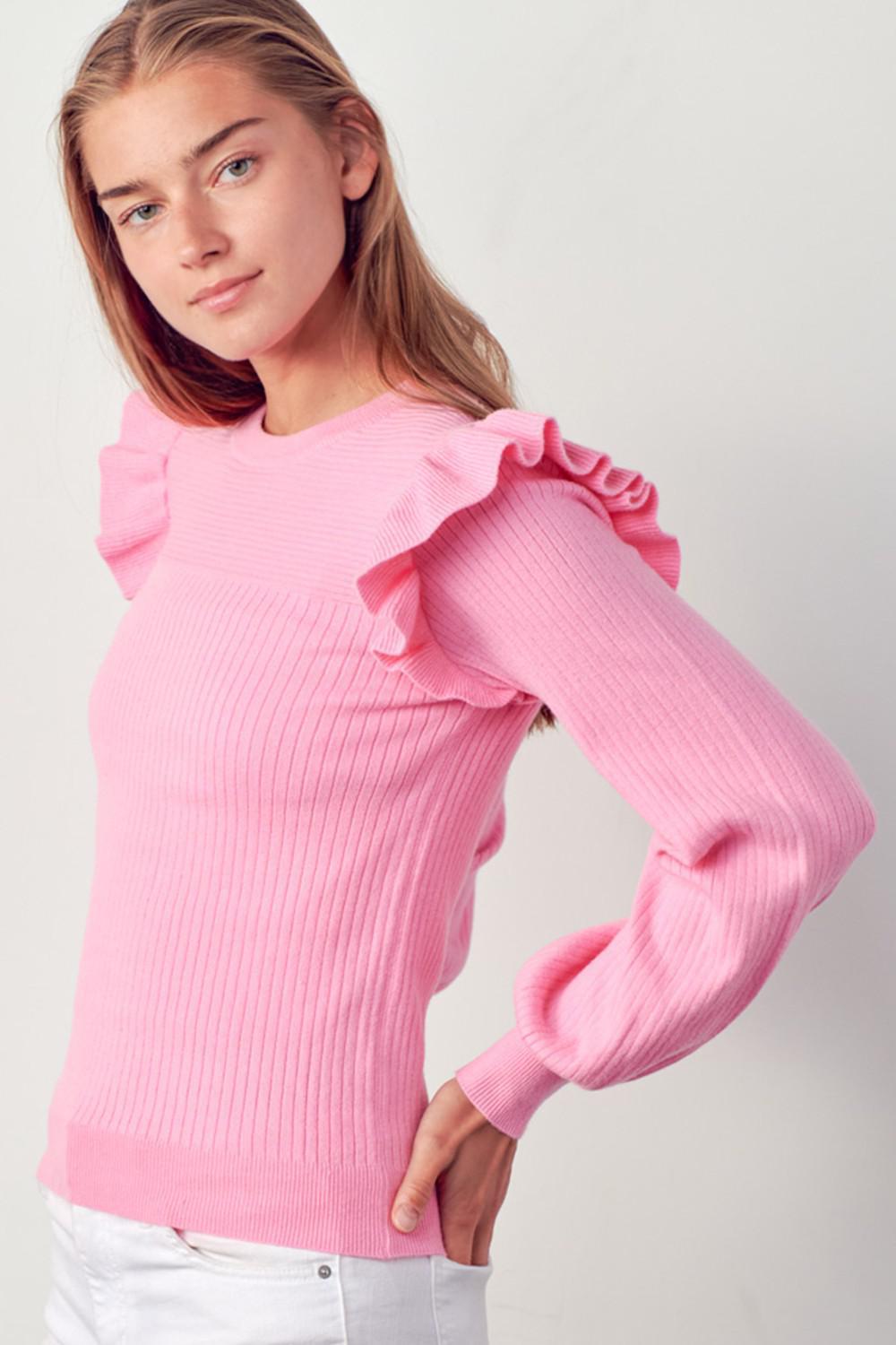 Shoulder Ruffle Crew Neck Sweater - Pink