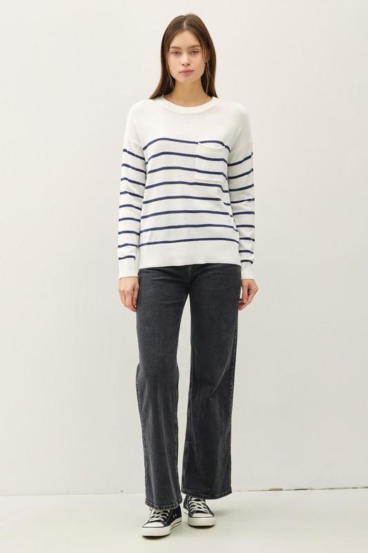 Marine Blue Lightweight Stripe Front Pocket Sweater