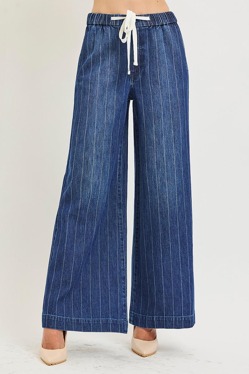 Risen Slouchy Wide Stripe Jeans With Drawstring Waist