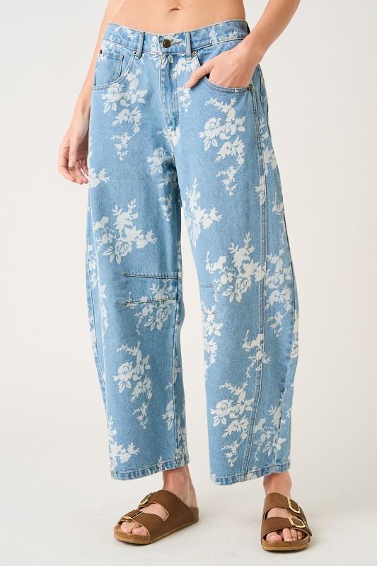 Floral Print Elastic Waist Barrel Jeans
