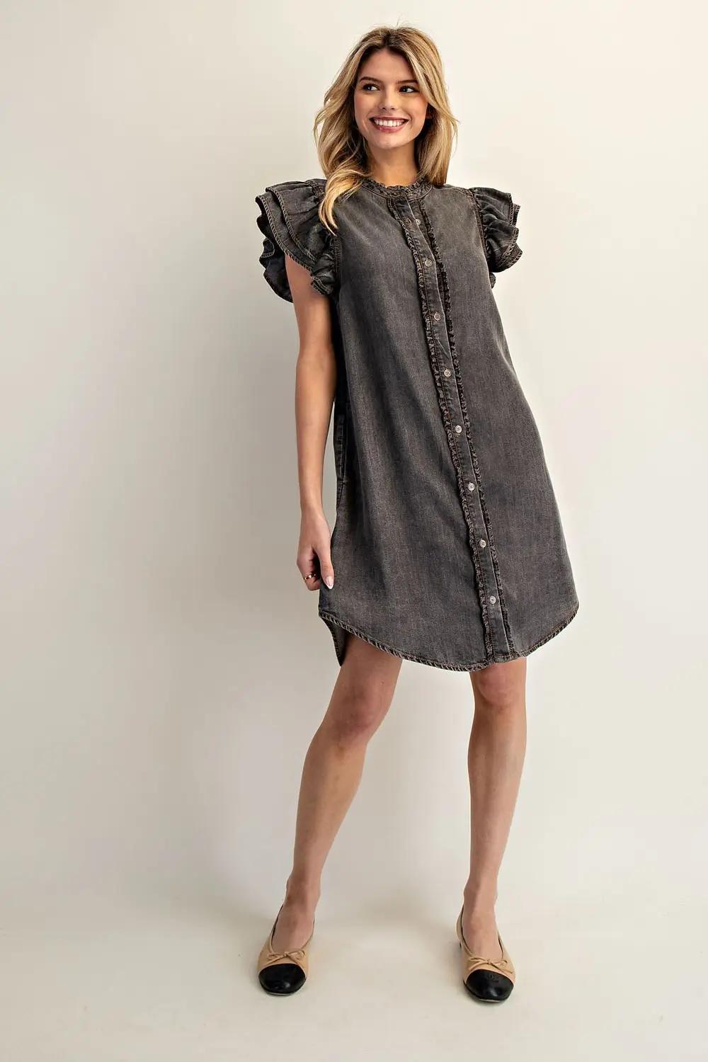 Snow Washed Button Down Ruffle Mini Dress