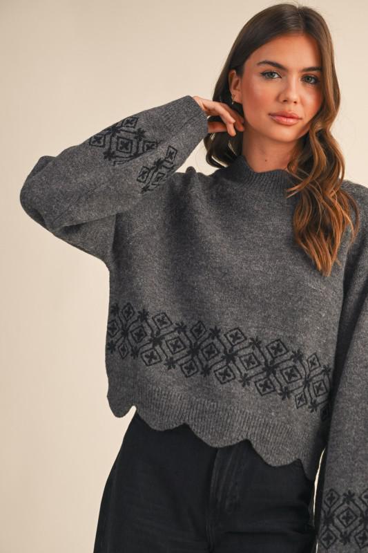 Scalloped Mock Neck Sweater With Embroidery