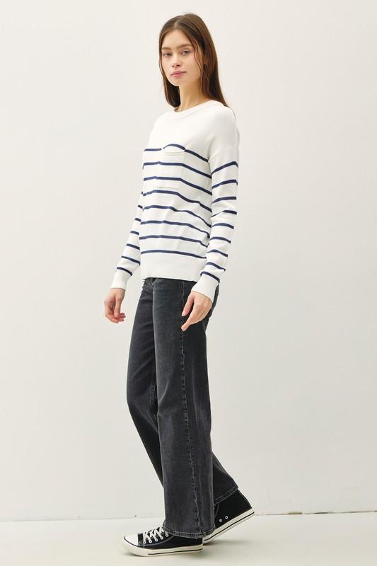 Marine Blue Lightweight Stripe Front Pocket Sweater