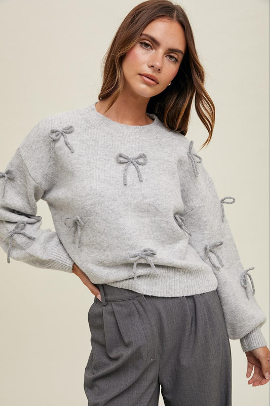 Bow Detailed Brushed Sweater - Grey