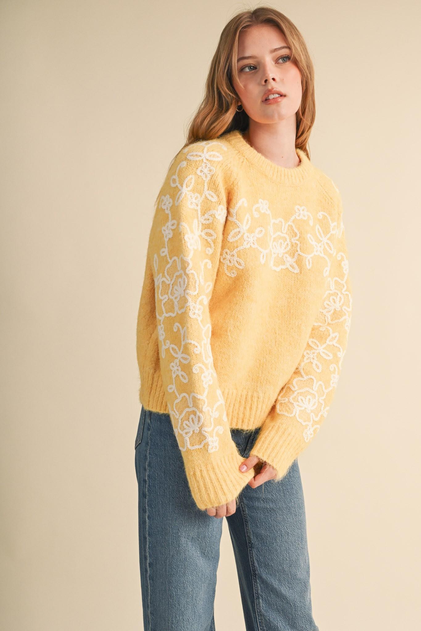 Contrast Knit Floral Embroidery Sweater