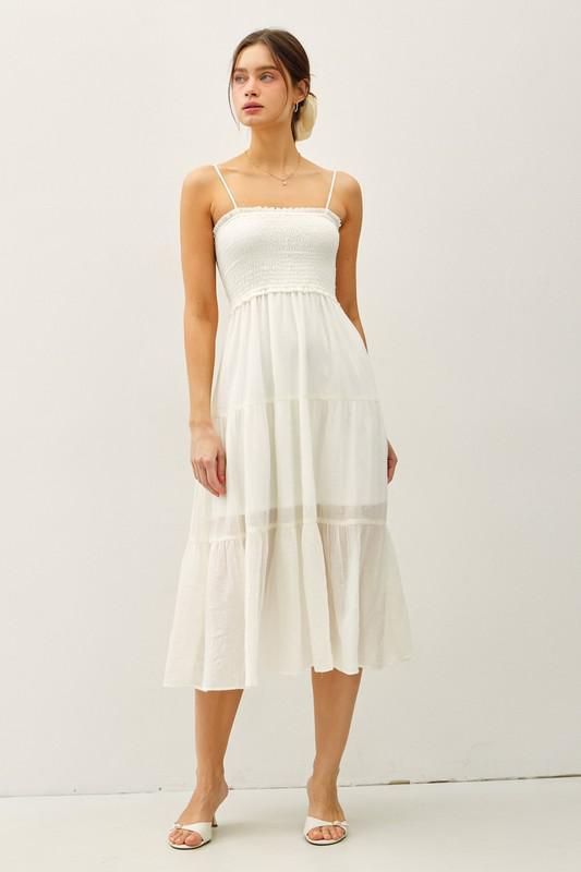 Sheer Midi Dress W/ Smocked Bodice-White