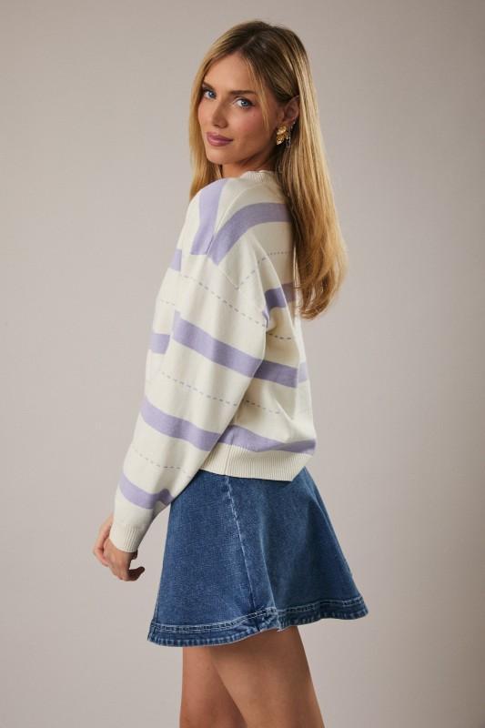 Round Neck Stitch Printed Stripe Sweater