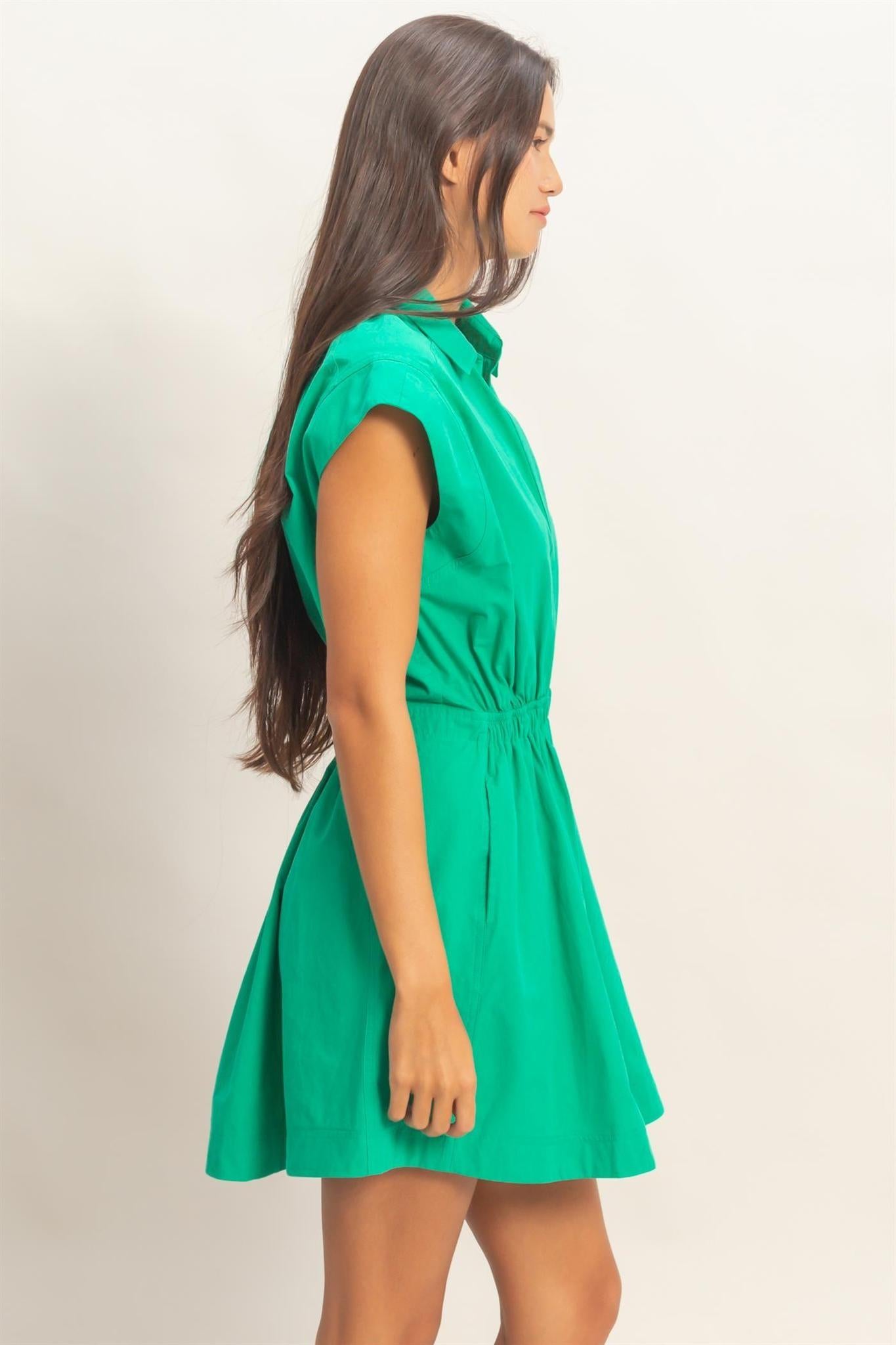 Sleeveless Collared Shirred Mini Dress