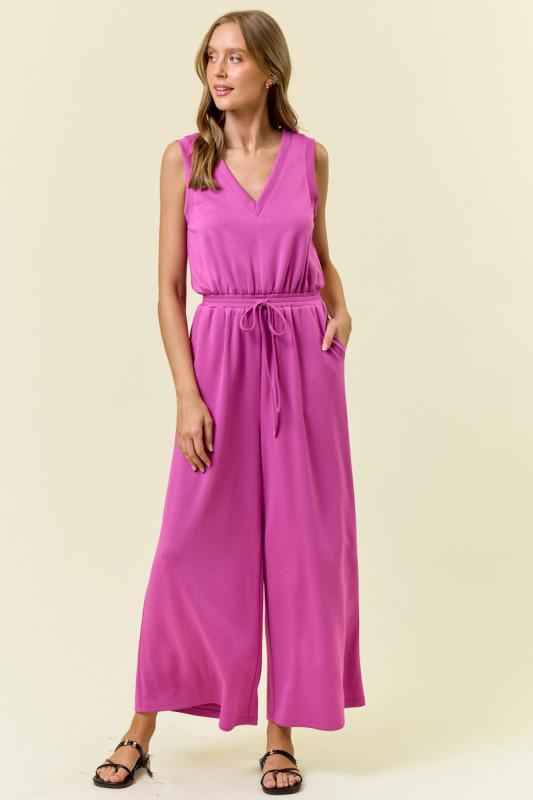 V Neck Brushed Modal Wide Culotte Leg Jumpsuit-Orchid