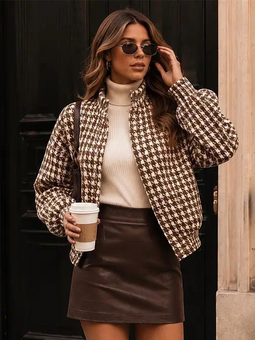 Houndstooth Snap Button Bomber Jacket