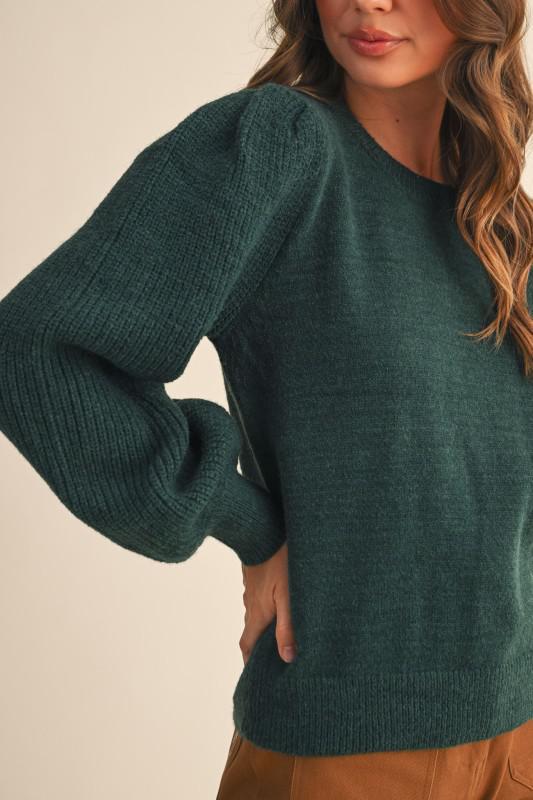 Ribbed Puff Sleeve Sweater-Hunter