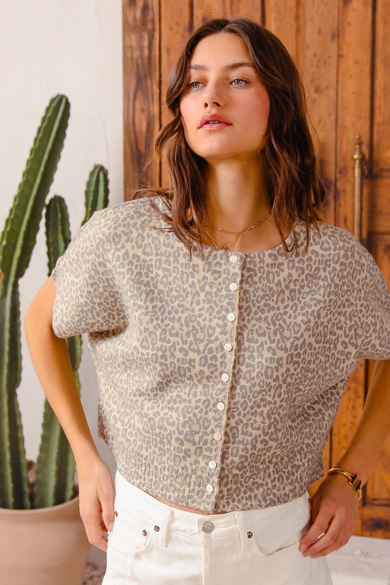 Vintage Leopard Button Front S/S Sweater