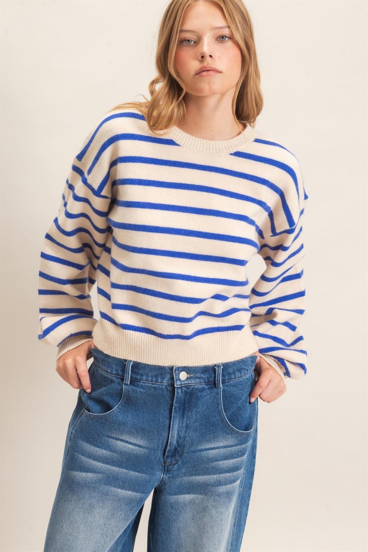 Striped Ribbed Crew Neck Sweater