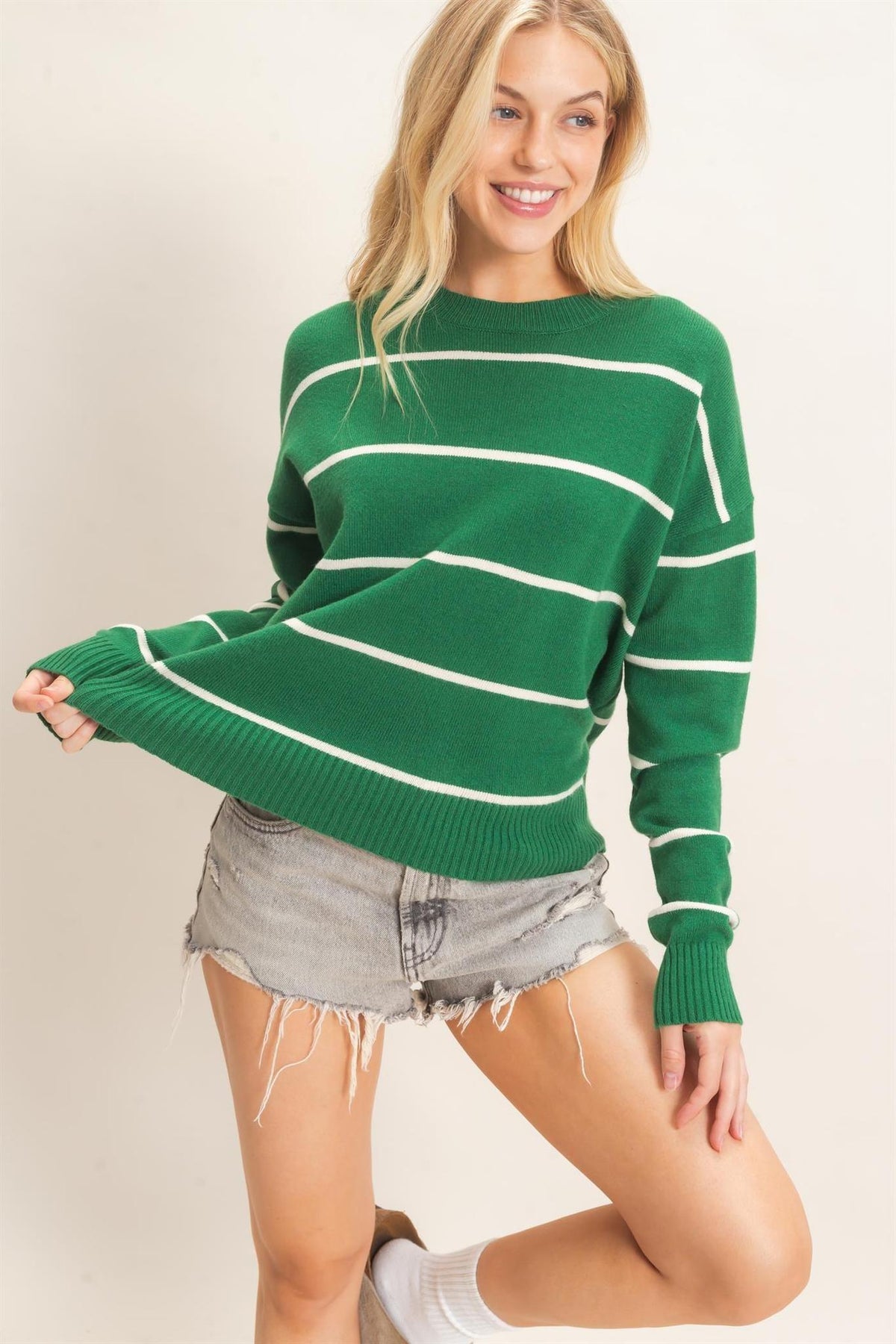 Striped Ribbed Crew Neck Sweater
