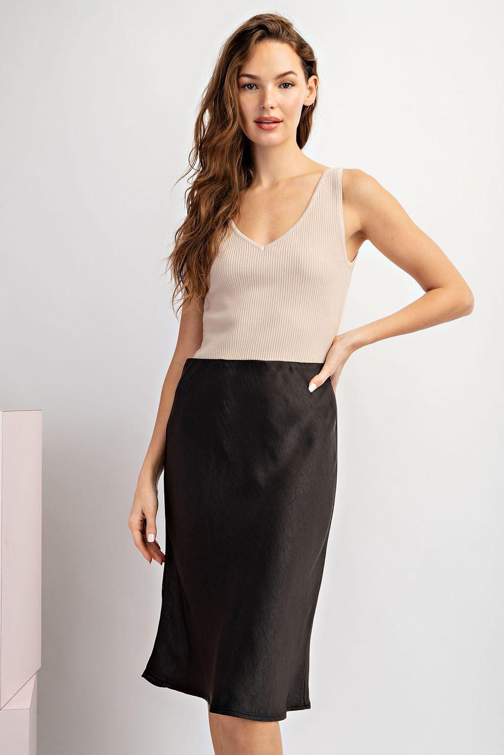 Solid Satin Midi Skirt - Black