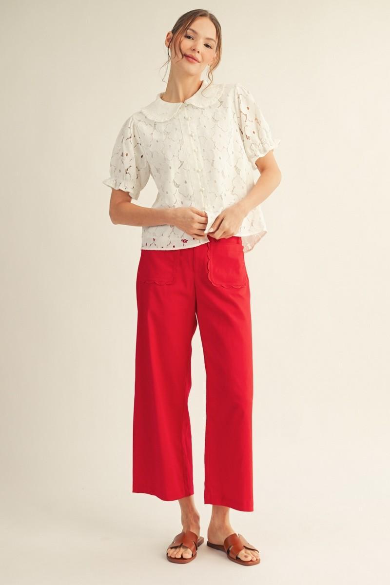 Scallop Edge Pocket Detail Wide Leg Pants