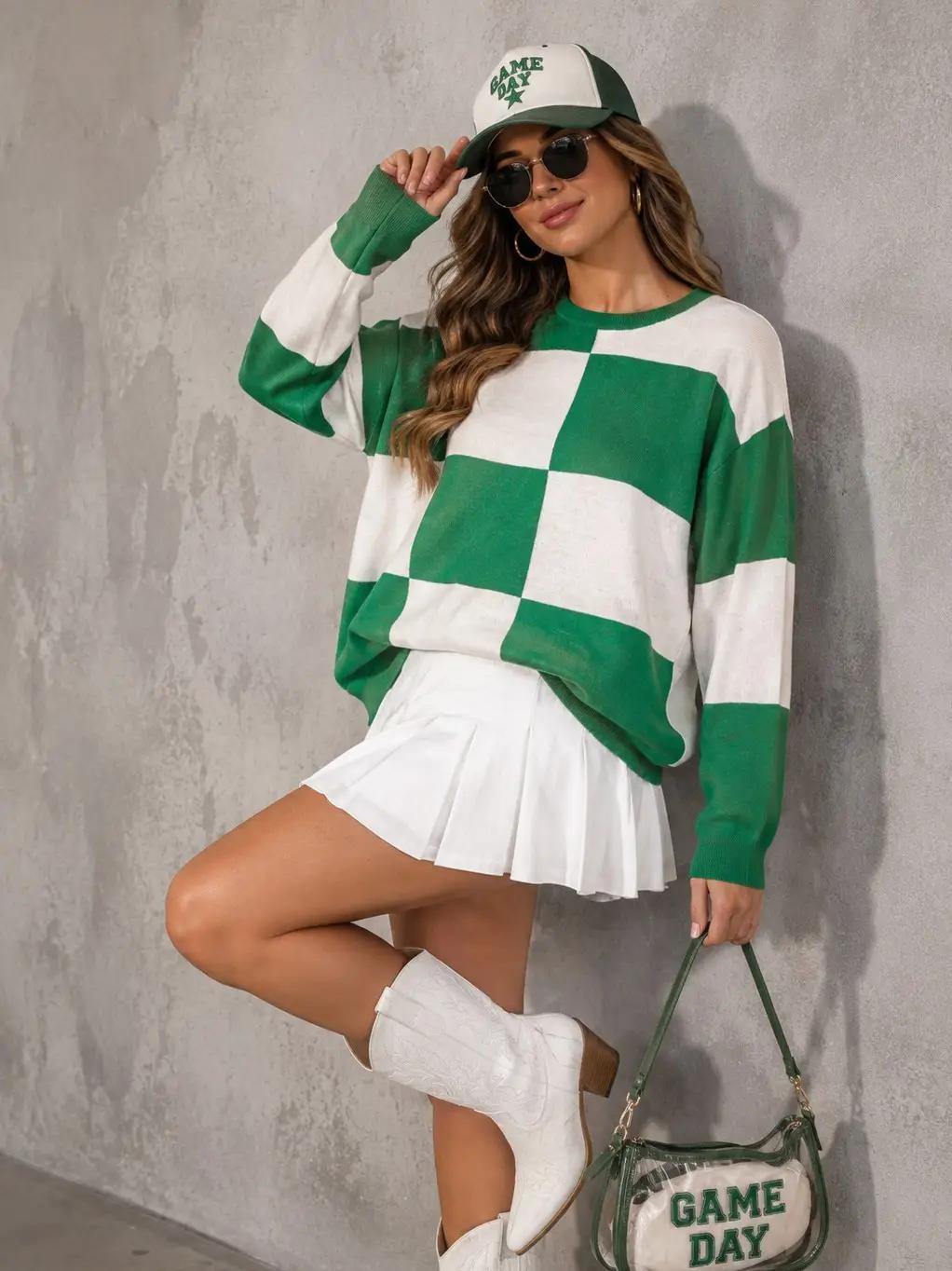 Checkered Coastal Chic Pullover Sweater