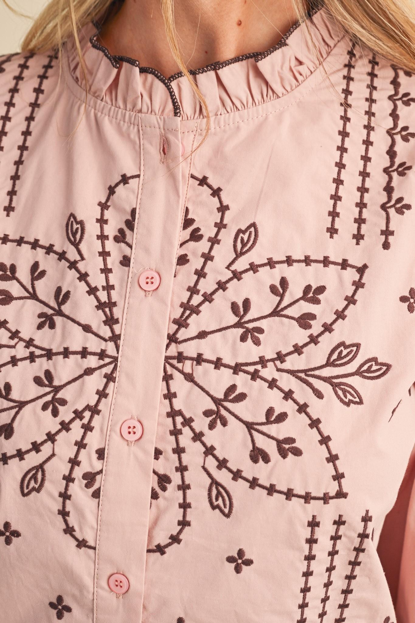 Embroidered Mock Neck Button Up Top