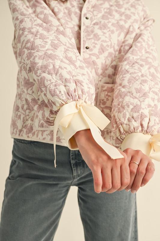 Floral Quilted Jacket With Bow Tie Ribbon Detail