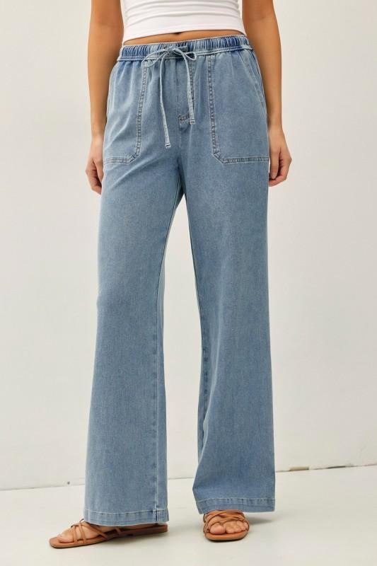 Knit Denim Wide Leg Pull On Pants