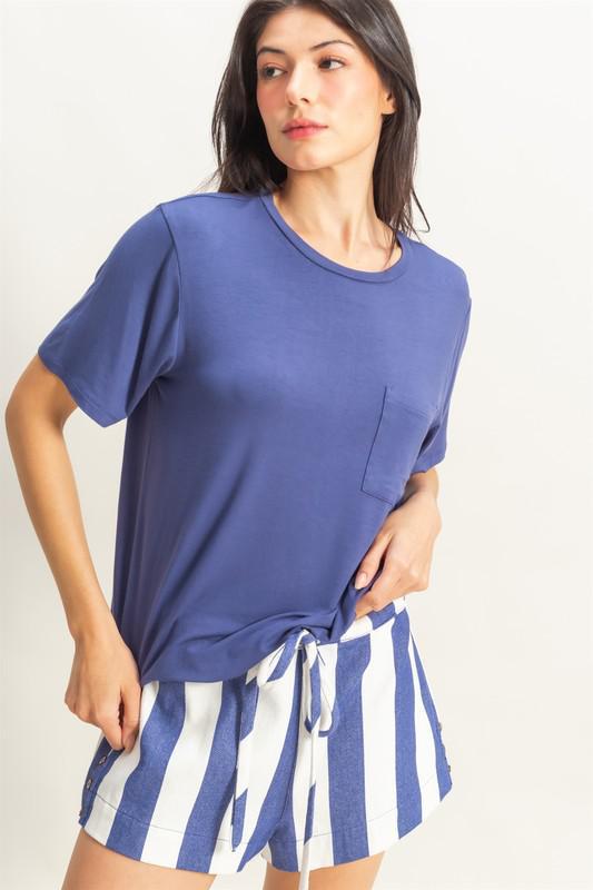 Crew Neck Pocket Tee-Dusty Indigo