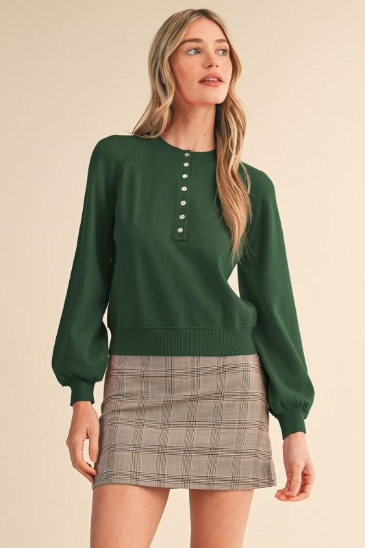 Puff Sleeve Henley Shell Button Sweater