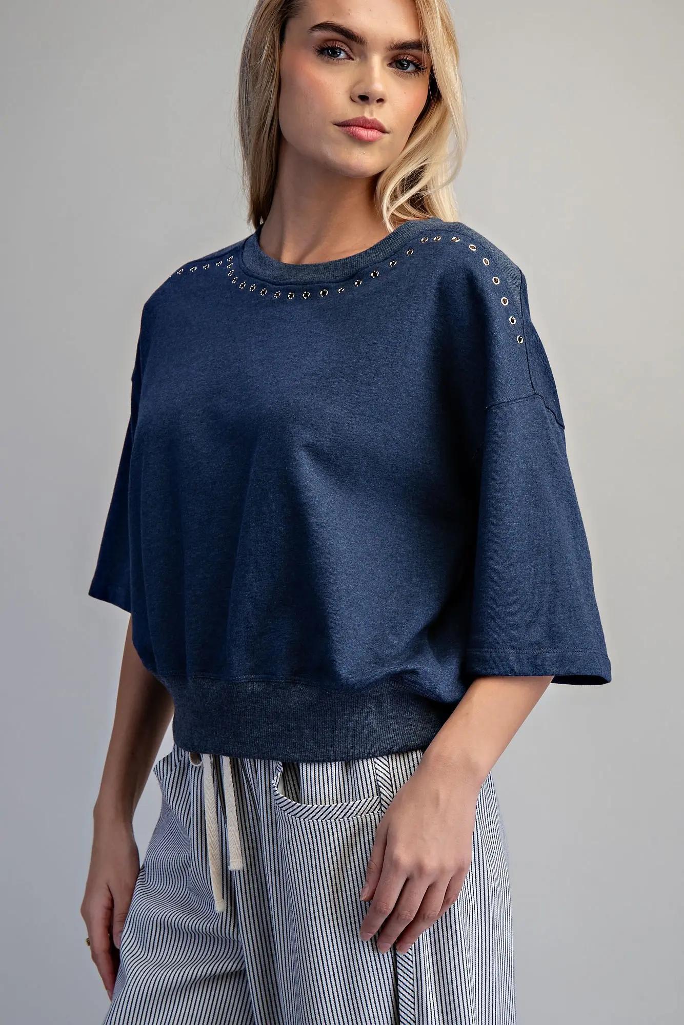 Grommet Detail Short Sleeve Sweatshirt