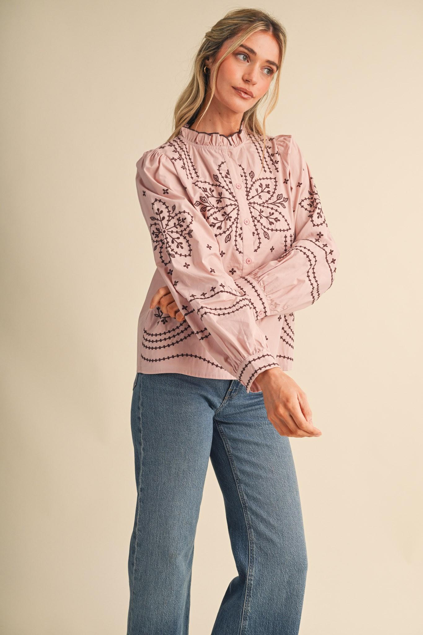 Embroidered Mock Neck Button Up Top
