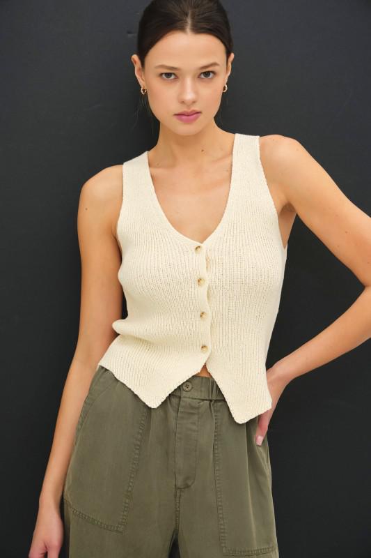 Chunky Ribbed Knit Sweater Vest-Natural