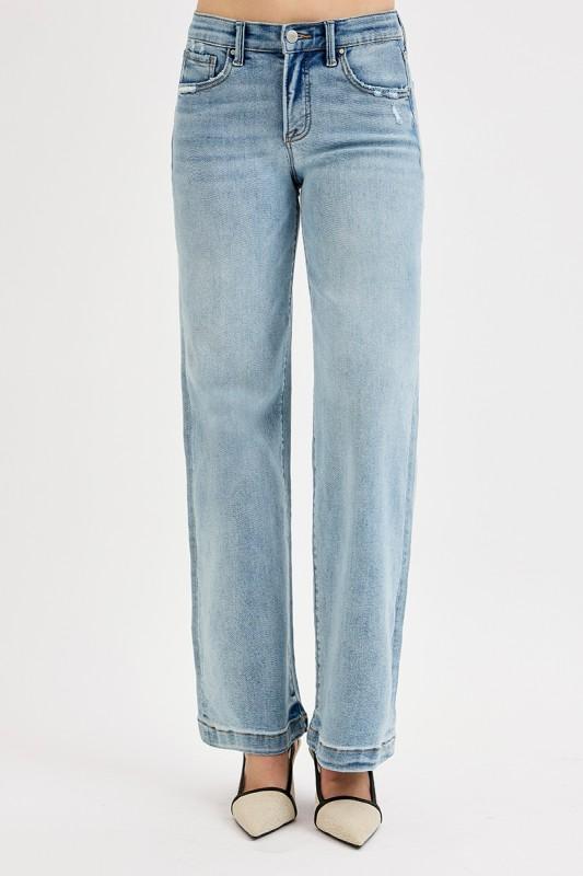 Risen Elastic Band Mid Rise Wide Leg Distressed Jean