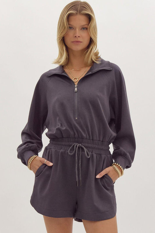 Long Sleeve Half Zip Romper - Charcoal