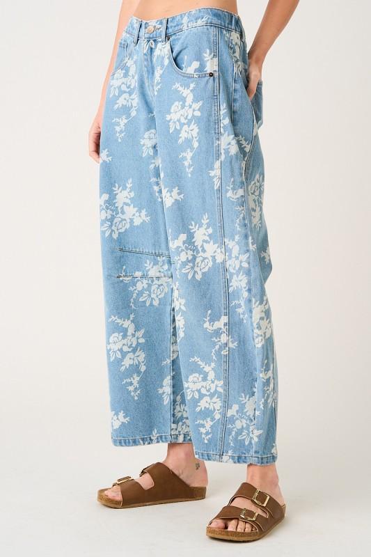 Floral Print Elastic Waist Barrel Jeans