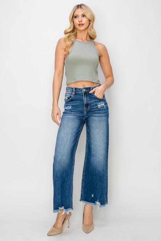 Risen High Rise Crop Wide Slit Frey Hem