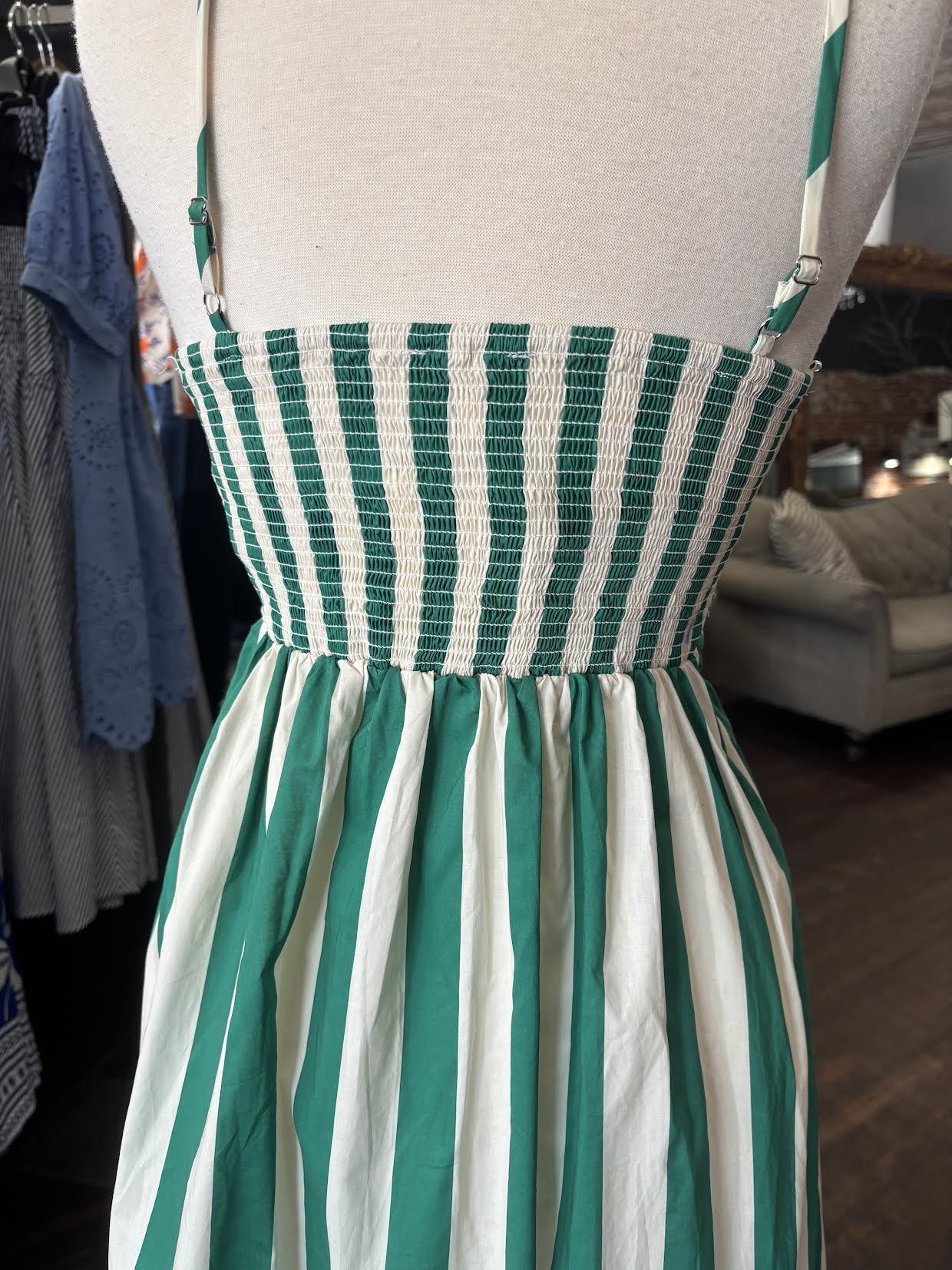 Striped Gathered Spaghetti Strap Dress
