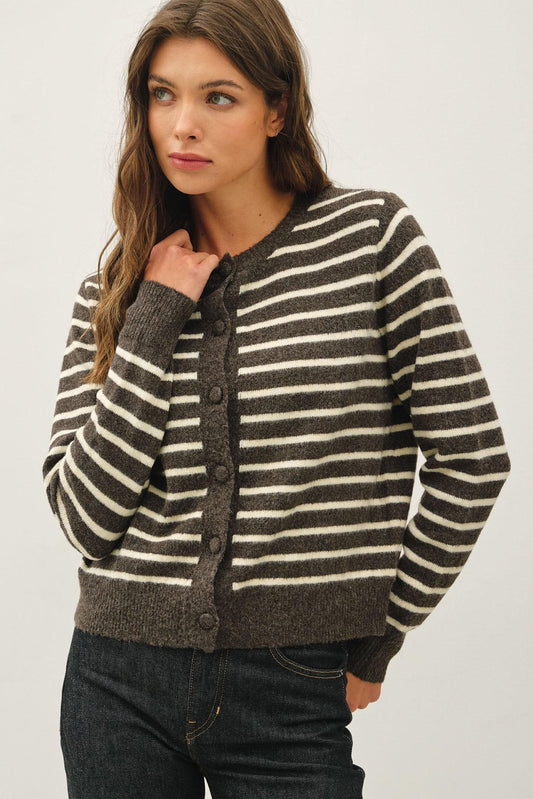 Wool Blended Striped Crewneck Classic Cardigan