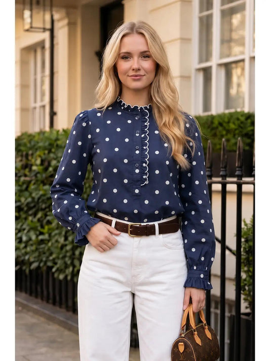 Polka Dot Ruffle Button Down