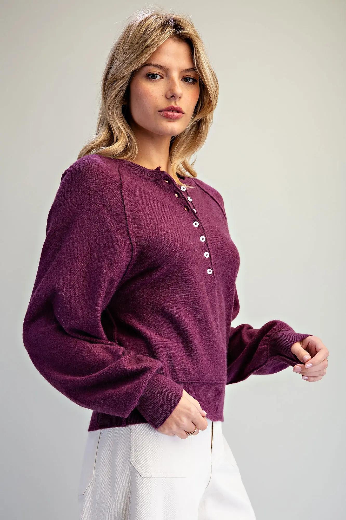 Raglan Henley Half Button Knit Sweater