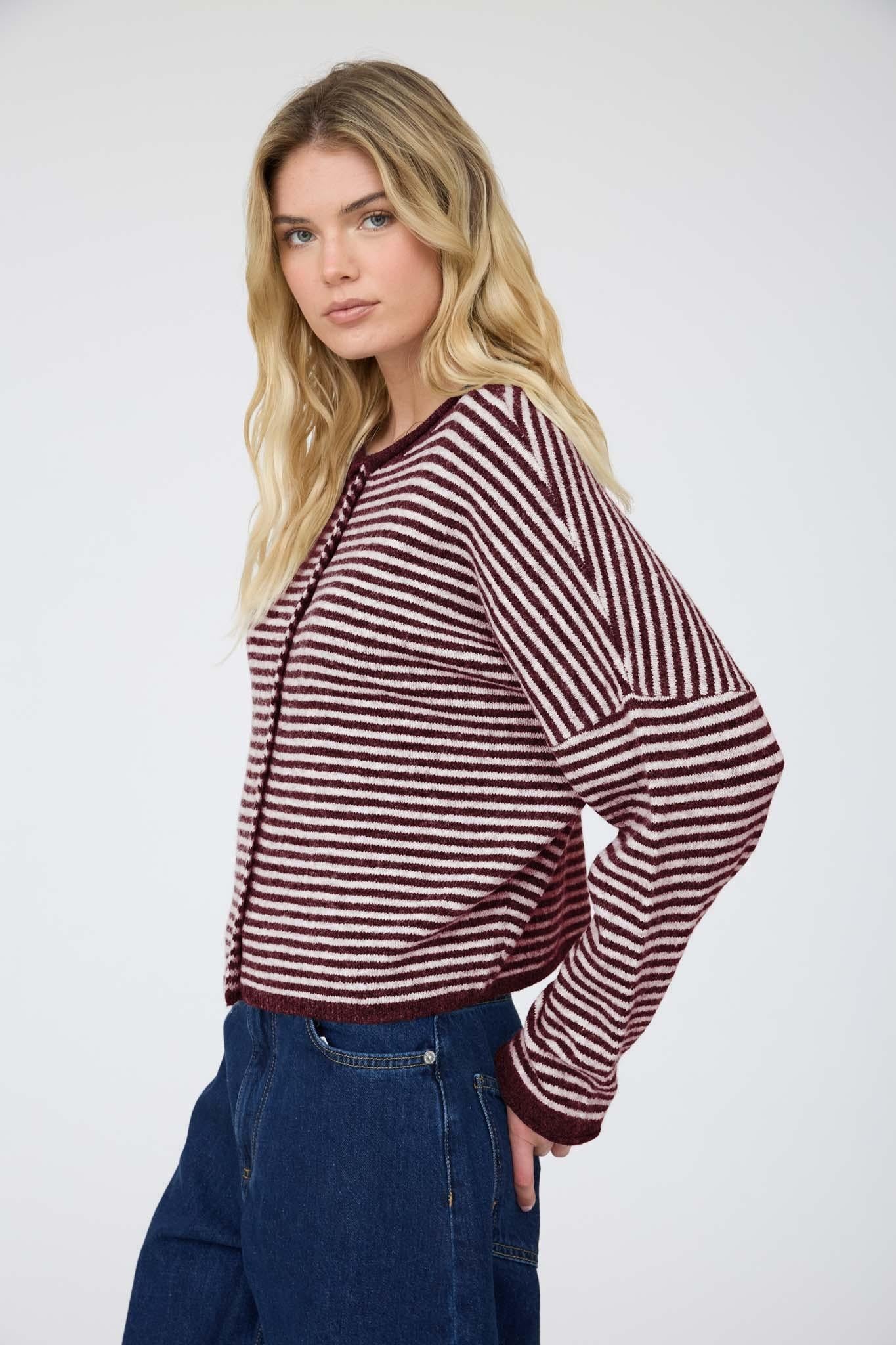 Stripe Raw Edge Drop Shoulder Cardigan
