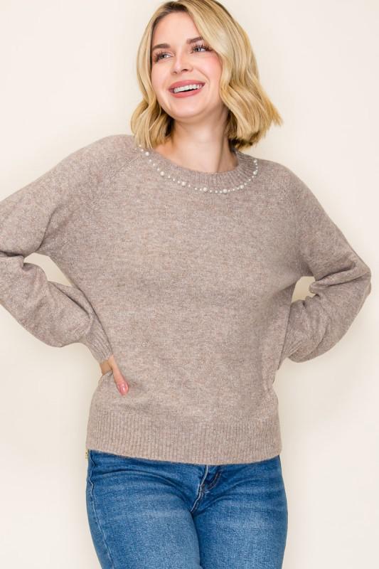 Pearl Trimmed Neck Sweater